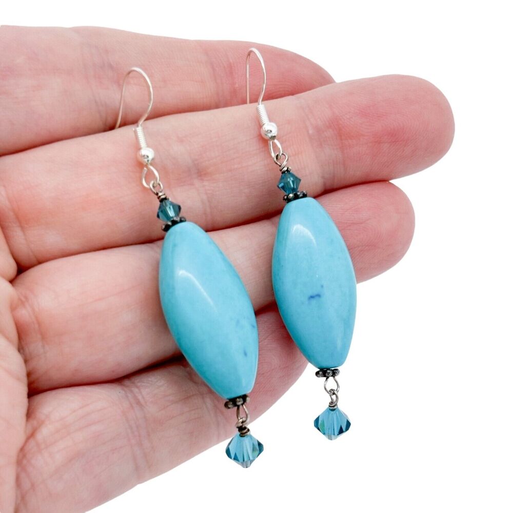 Vintage Sterling Silver 925 Crystal & Compressed Turquoise Dangle Earrings
